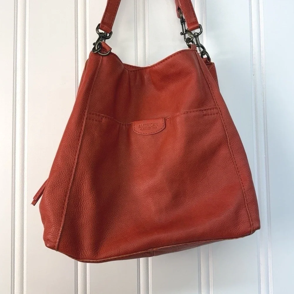 American Leather Co. Austin Triple Entry Bucket Purse Red Hobo Bag